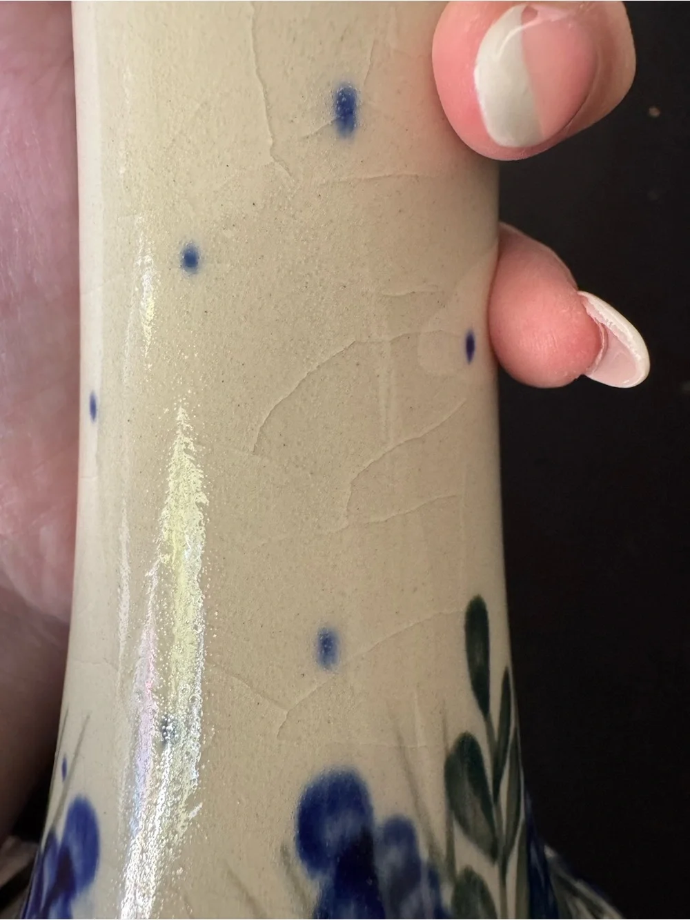 Vintage WR Unikat Polish Pottery Vase Tall Blue Floral Crazing